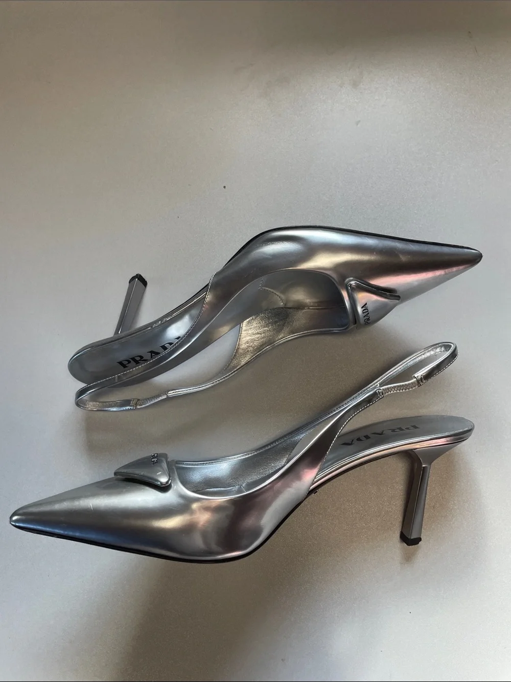 PRADA Women's Metallic Leather Slingback Pumps Size US 9.5 In Argento - Picture 3 of 10